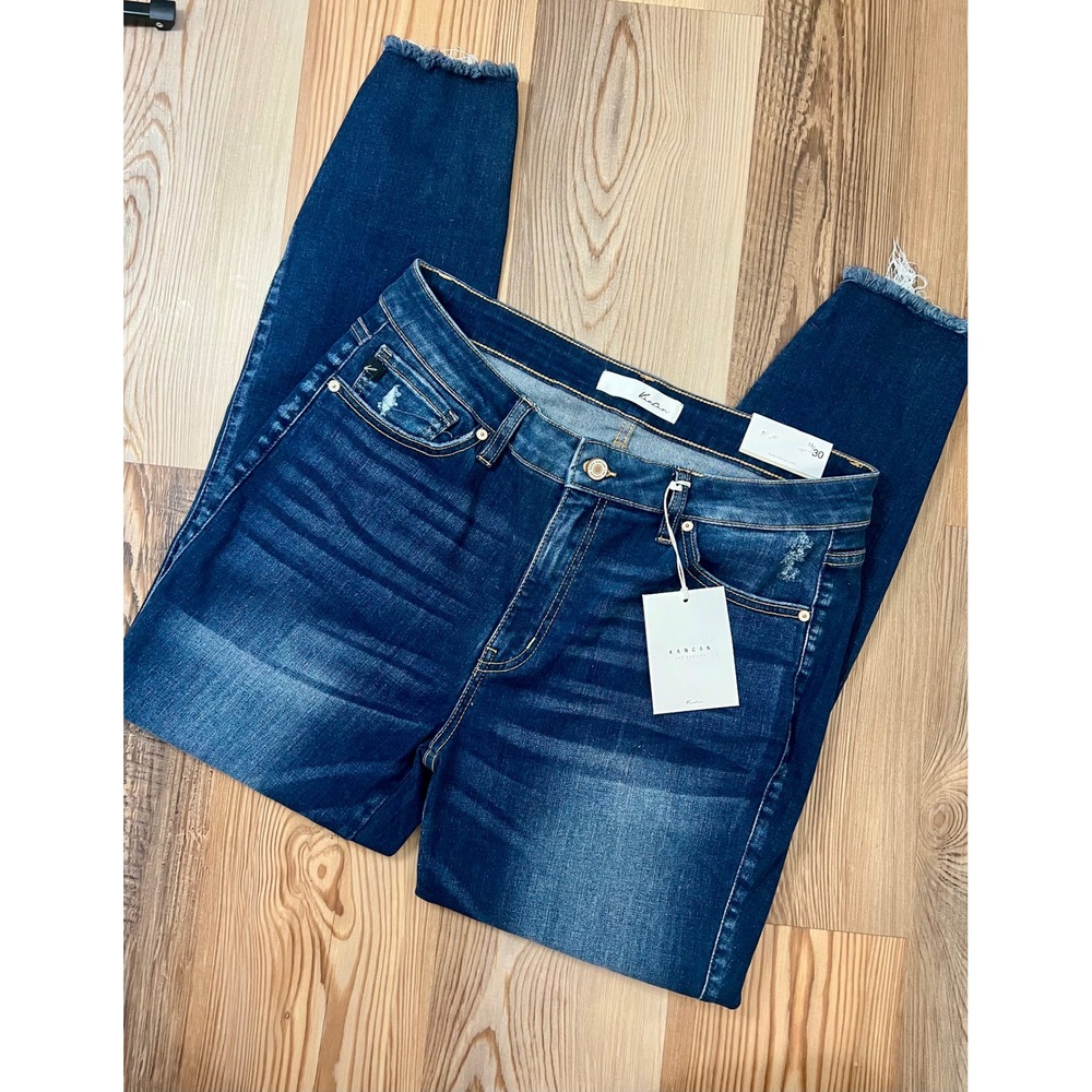 Kancan Mid Rise Skinny Jeans Dark Wash Distressed Frayed Hem Size 13/30 NWT